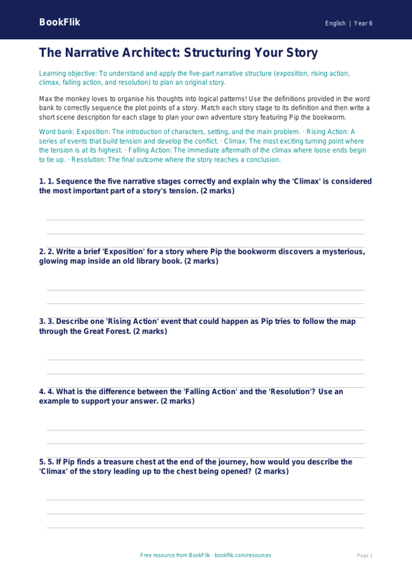 Free Stories Activity Sheet | Year 6 Core | BookFlik worksheet preview — English Stories