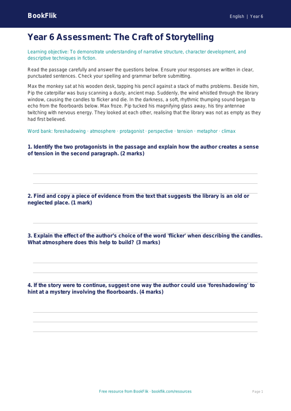 Free Year 6 Stories Assessment Worksheet | BookFlik worksheet preview — English Stories