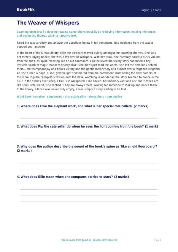 Free Stories Comprehension | Year 6 Core | BookFlik worksheet preview — English Stories
