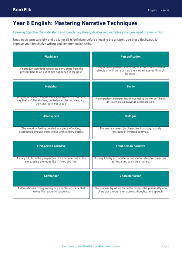 Free Stories Flashcards | Year 6 Core | BookFlik worksheet preview — English Stories