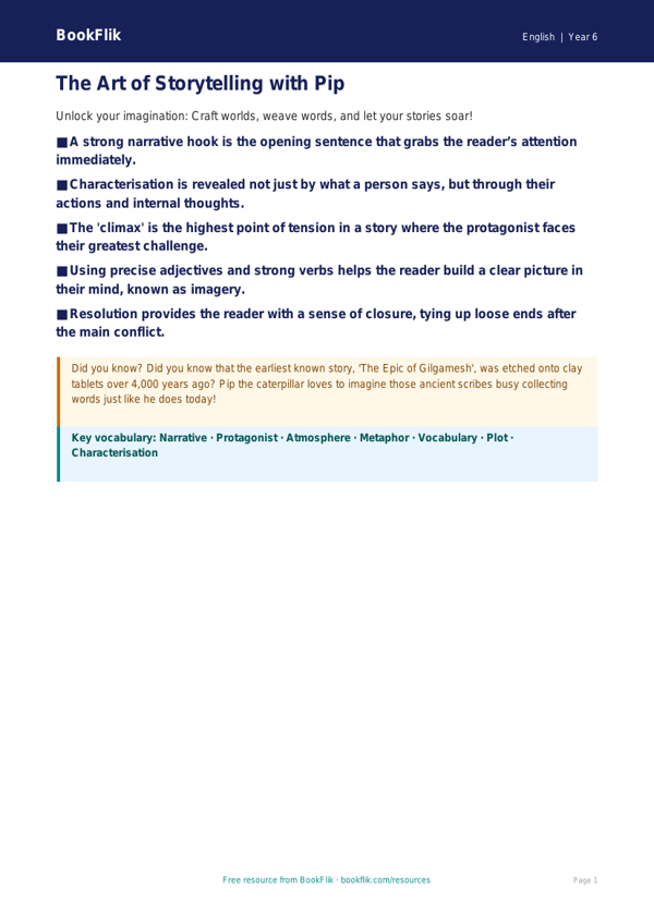 Free Stories Poster | Year 6 Core | BookFlik worksheet preview — English Stories