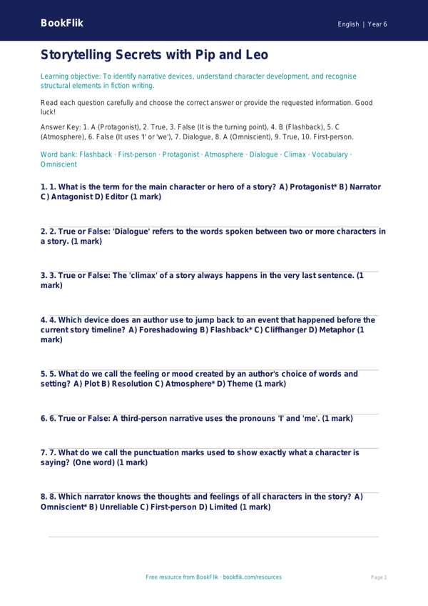 Free Stories Quiz | Year 6 Core | BookFlik worksheet preview — English Stories