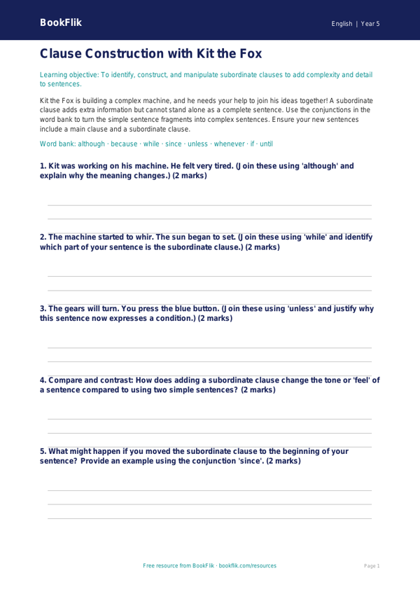 Free Subordinate Clauses Activity Sheet | Year 5 Greater Depth | BookFlik worksheet preview — English Subordinate Clauses