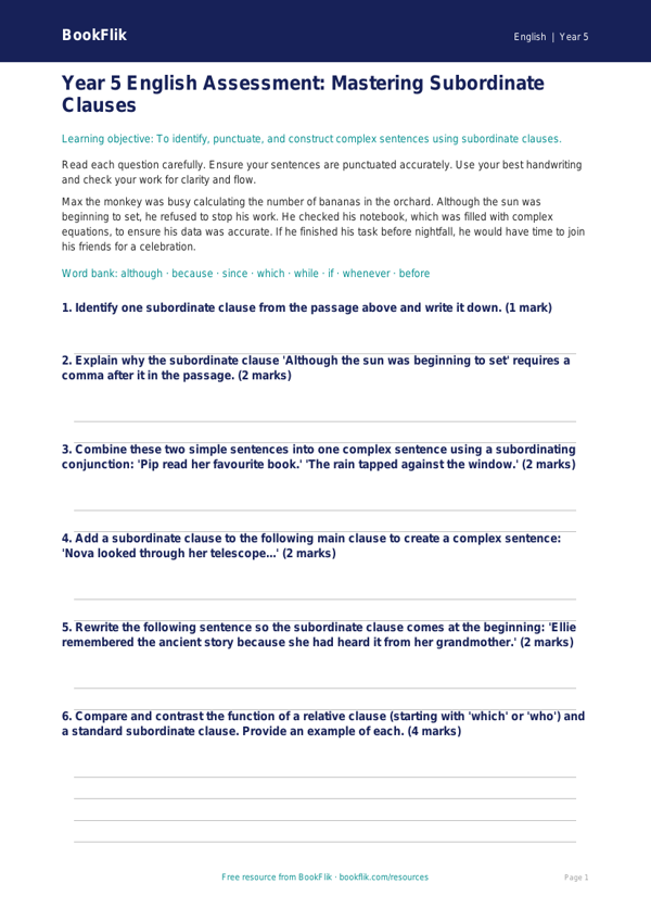 Free Subordinate Clauses Assessment | Year 5 Greater Depth | BookFlik worksheet preview — English Subordinate Clauses