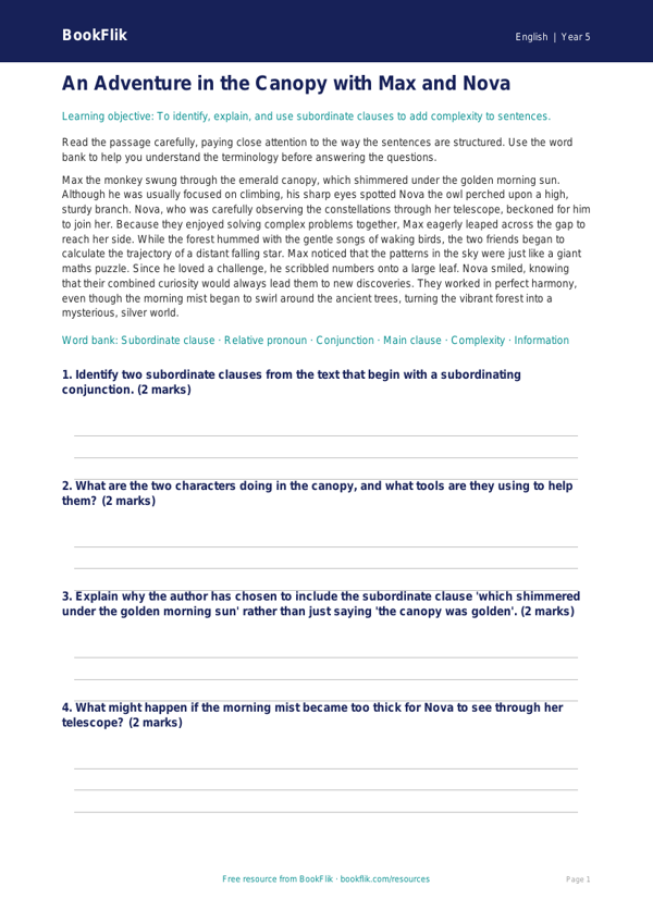 Free Subordinate Clauses Comprehension | Year 5 Greater Depth | BookFlik worksheet preview — English Subordinate Clauses