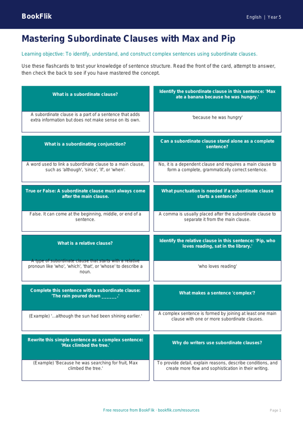 Free Subordinate Clauses Flashcards | Year 5 Greater Depth | BookFlik worksheet preview — English Subordinate Clauses