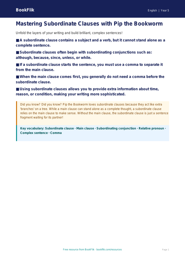 Free Subordinate Clauses Poster | Year 5 Greater Depth | BookFlik worksheet preview — English Subordinate Clauses