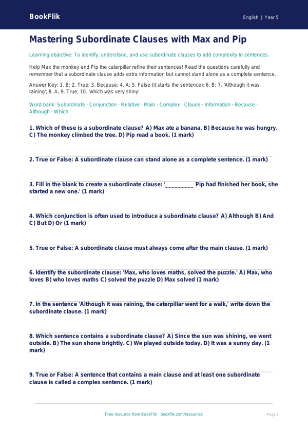 Free Subordinate Clauses Quiz | Year 5 Greater Depth | BookFlik worksheet preview — English Subordinate Clauses