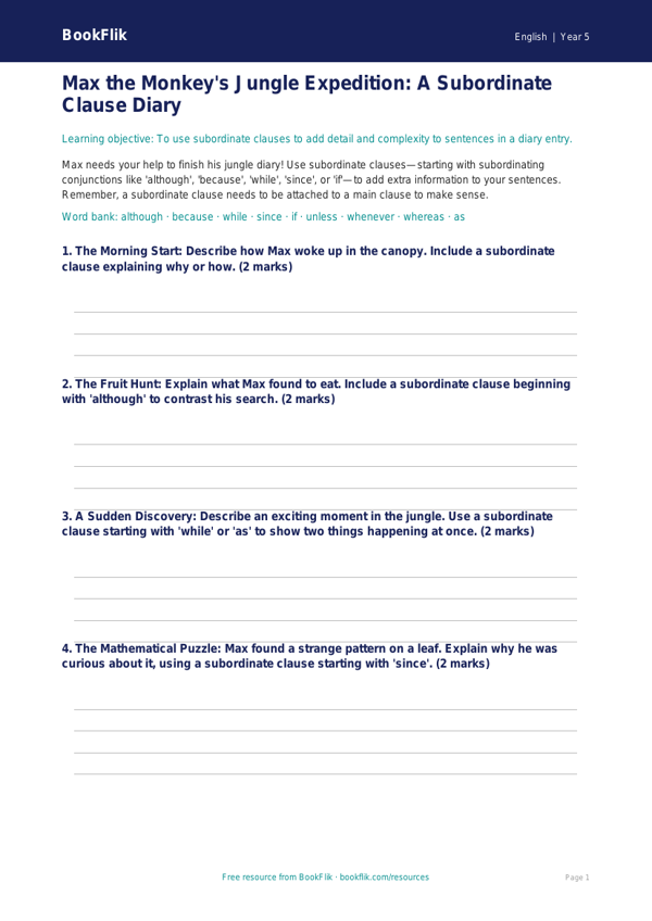 Free Subordinate Clauses Template | Year 5 Greater Depth | BookFlik worksheet preview — English Subordinate Clauses