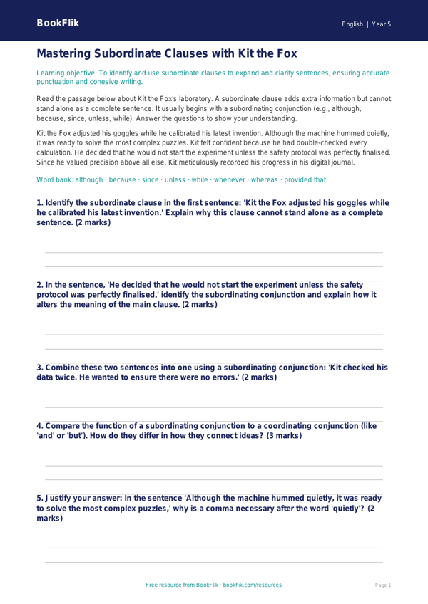 Free Subordinate Clauses Track Sheet | Year 5 Greater Depth | BookFlik worksheet preview — English Subordinate Clauses