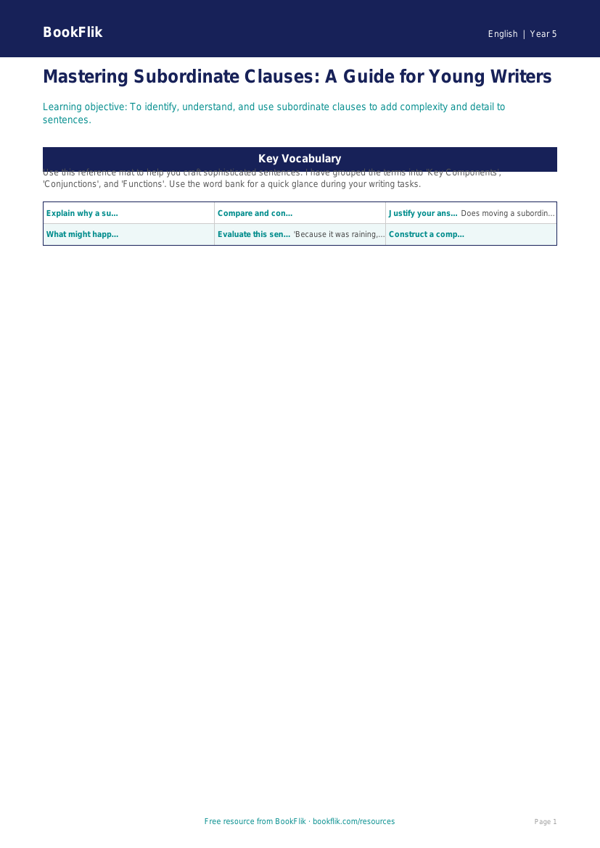Free Subordinate Clauses Word Mat | Year 5 Greater Depth | BookFlik worksheet preview — English Subordinate Clauses