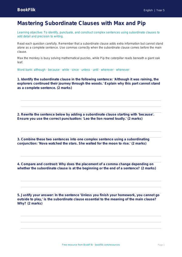 Free Subordinate Clauses Worksheet | Year 5 Greater Depth | BookFlik worksheet preview — English Subordinate Clauses