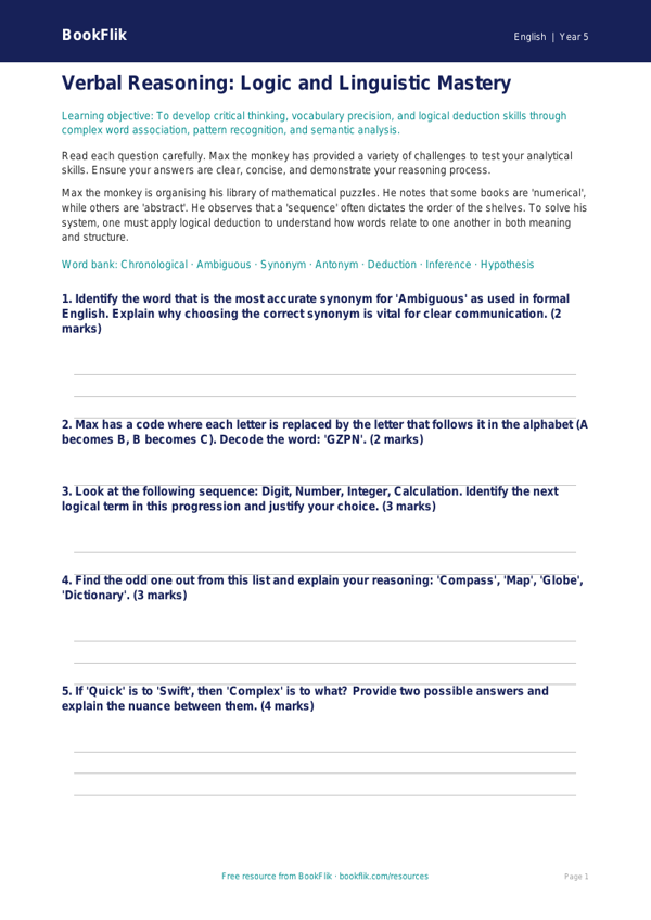 Free Verbal Reasoning Assessment | Year 5 Greater Depth | BookFlik worksheet preview — English Verbal Reasoning