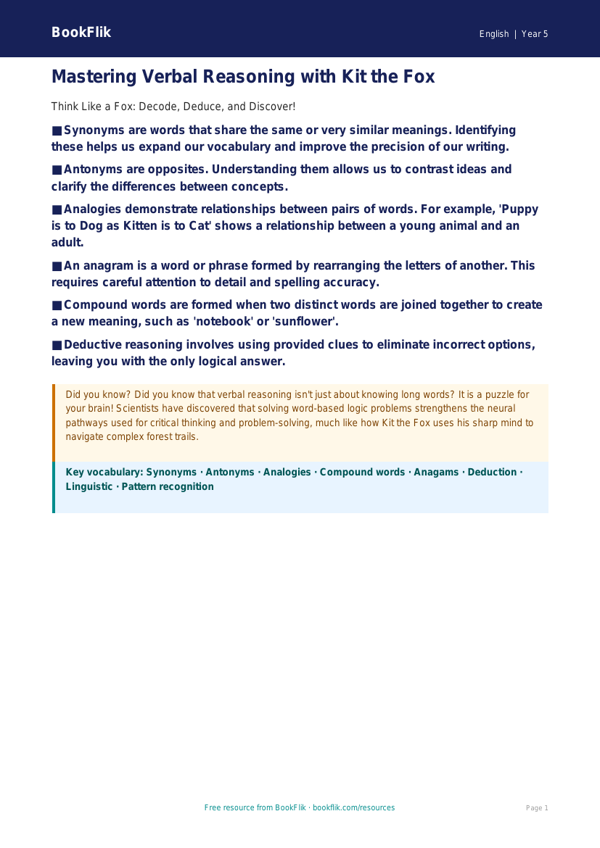 Free Verbal Reasoning Poster | Year 5 Greater Depth | BookFlik worksheet preview — English Verbal Reasoning
