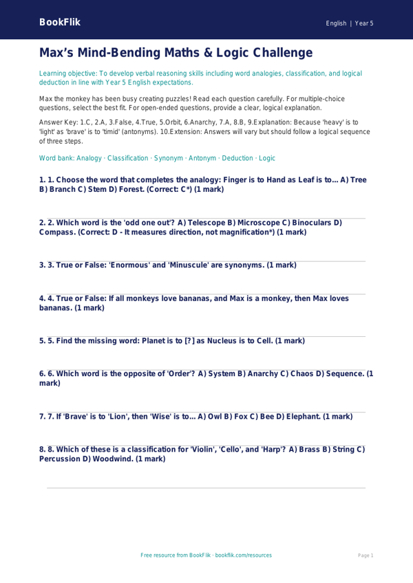 Free Verbal Reasoning Quiz | Year 5 Greater Depth | BookFlik worksheet preview — English Verbal Reasoning