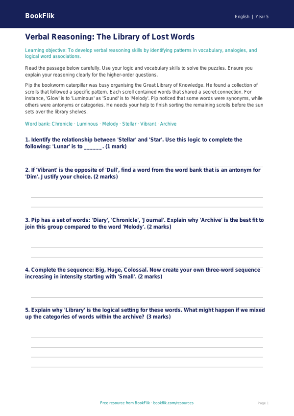 Free Verbal Reasoning Track Sheet | Year 5 Greater Depth | BookFlik worksheet preview — English Verbal Reasoning