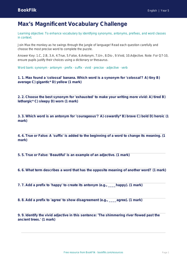 Free Vocabulary Quiz | Year 5 Greater Depth | BookFlik worksheet preview — English Vocabulary