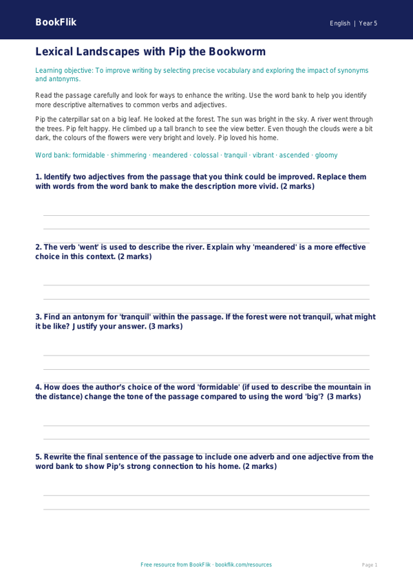 Free Vocabulary Track Sheet | Year 5 Greater Depth | BookFlik worksheet preview — English Vocabulary