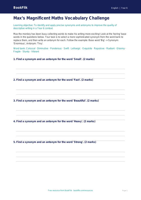 Free Vocabulary Activity Sheet | Year 6 Core | BookFlik worksheet preview — English Vocabulary