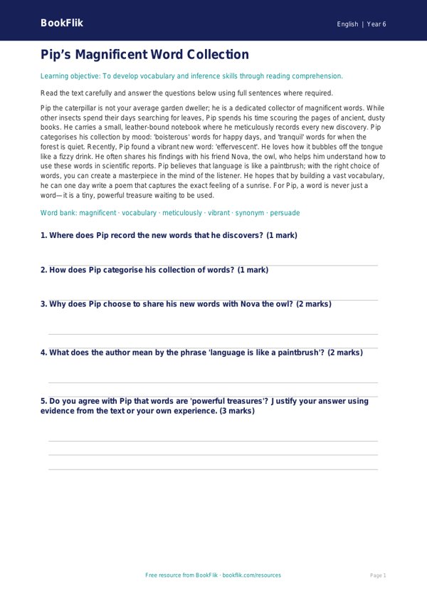 Free Vocabulary Comprehension Worksheet | Year 6 Core | BookFlik worksheet preview — English Vocabulary