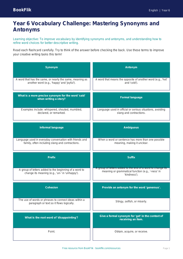 Free Vocabulary Flashcards | Year 6 Core | BookFlik worksheet preview — English Vocabulary