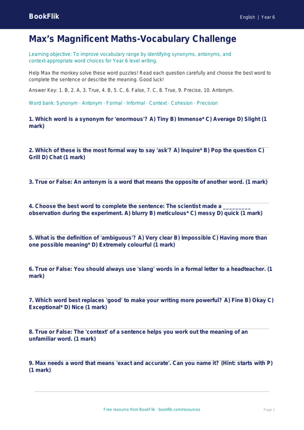 Free Vocabulary Quiz | Year 6 Core | BookFlik worksheet preview — English Vocabulary