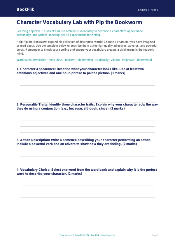 Free Vocabulary Template | Year 6 Core | BookFlik worksheet preview — English Vocabulary
