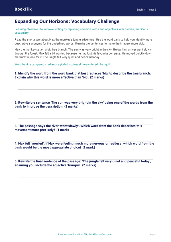 Free Vocabulary Track Sheet | Year 6 Core | BookFlik worksheet preview — English Vocabulary