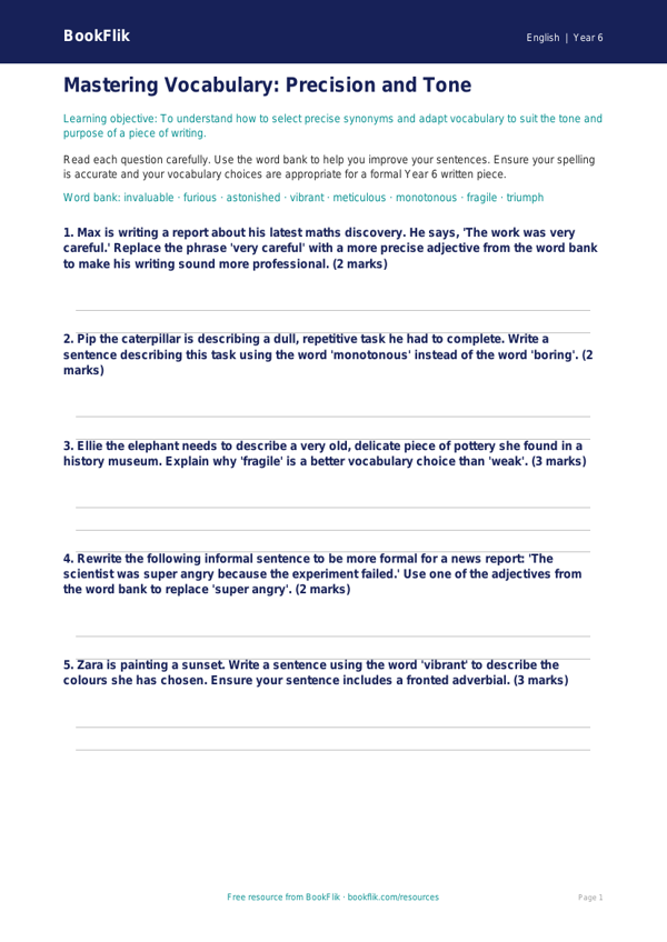 Free Vocabulary Worksheet | Year 6 Core | BookFlik worksheet preview — English Vocabulary