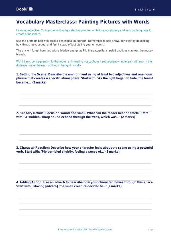 Free Vocabulary Writing Frame | Year 6 Core | BookFlik worksheet preview — English Vocabulary