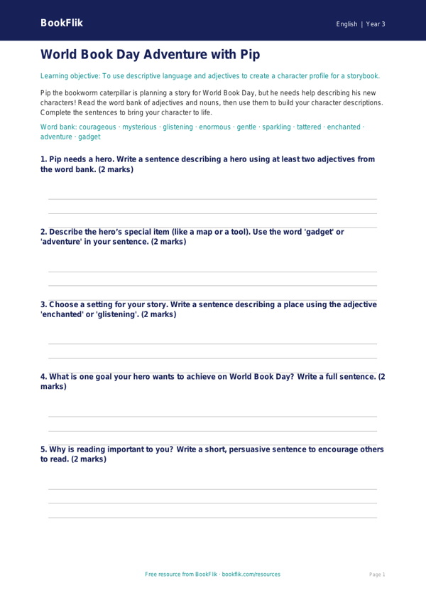Free World Book Day Activity Sheet | Year 3 Core | BookFlik worksheet preview — English World Book Day