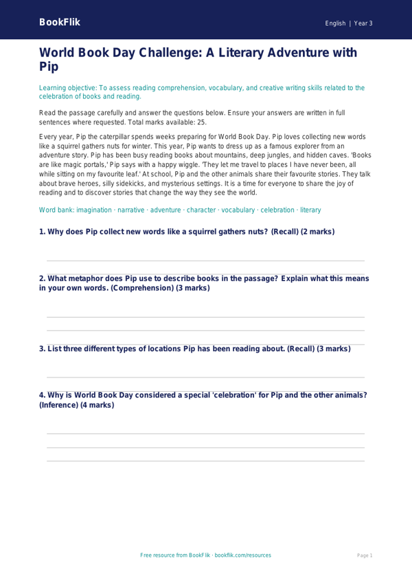 Free World Book Day Assessment | Year 3 Core | BookFlik worksheet preview — English World Book Day