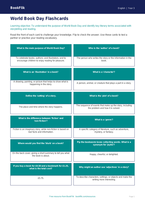 Free World Book Day Flashcards | Year 3 Core | BookFlik worksheet preview — English World Book Day