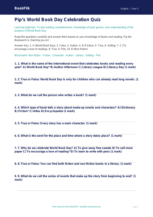 Free World Book Day Quiz | Year 3 Core | BookFlik worksheet preview — English World Book Day