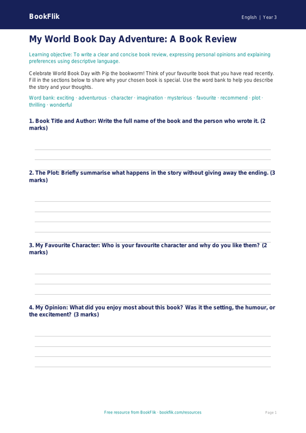 Free World Book Day Template | Year 3 Core | BookFlik worksheet preview — English World Book Day