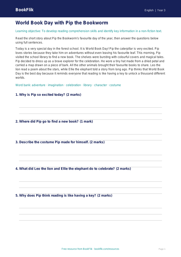 Free World Book Day Track Sheet | Year 3 Core | BookFlik worksheet preview — English World Book Day