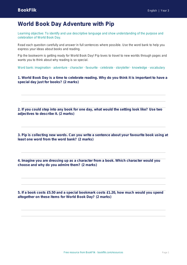 Free World Book Day Worksheet | Year 3 Core | BookFlik worksheet preview — English World Book Day