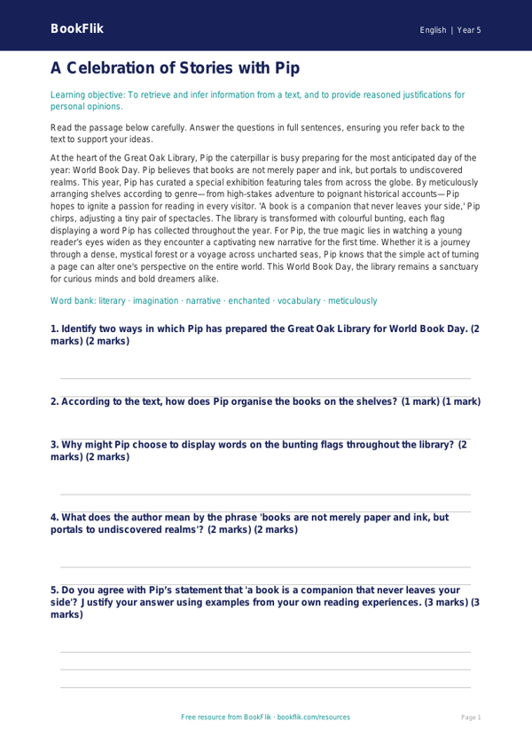Free World Book Day Comprehension | Year 5 Greater Depth | BookFlik worksheet preview — English World Book Day