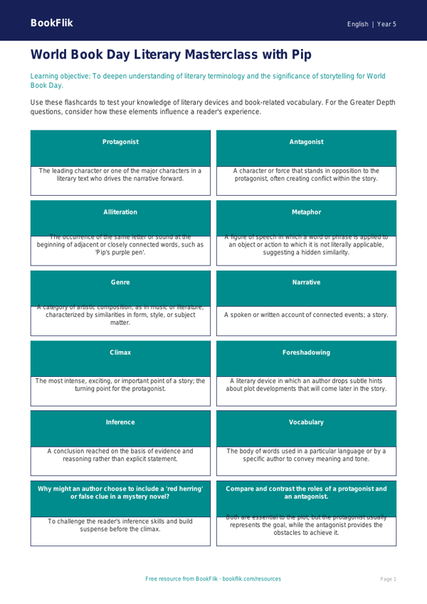 Free World Book Day Flashcards | Year 5 Greater Depth | BookFlik worksheet preview — English World Book Day