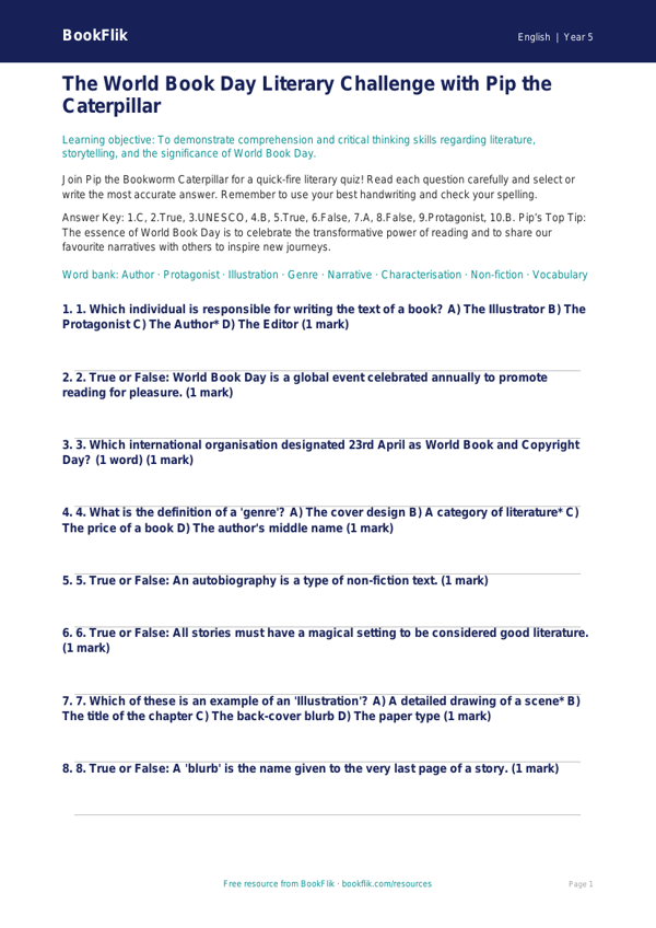 Free World Book Day Quiz | Year 5 Greater Depth | BookFlik worksheet preview — English World Book Day