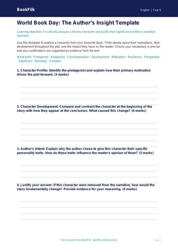 Free World Book Day Template | Year 5 Greater Depth | BookFlik worksheet preview — English World Book Day