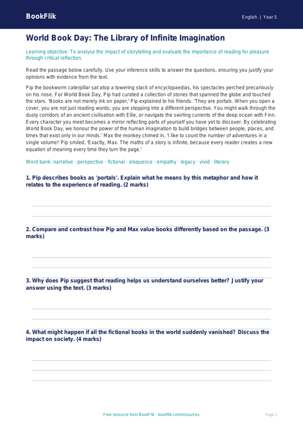 Free World Book Day Track Sheet | Year 5 Greater Depth | BookFlik worksheet preview — English World Book Day