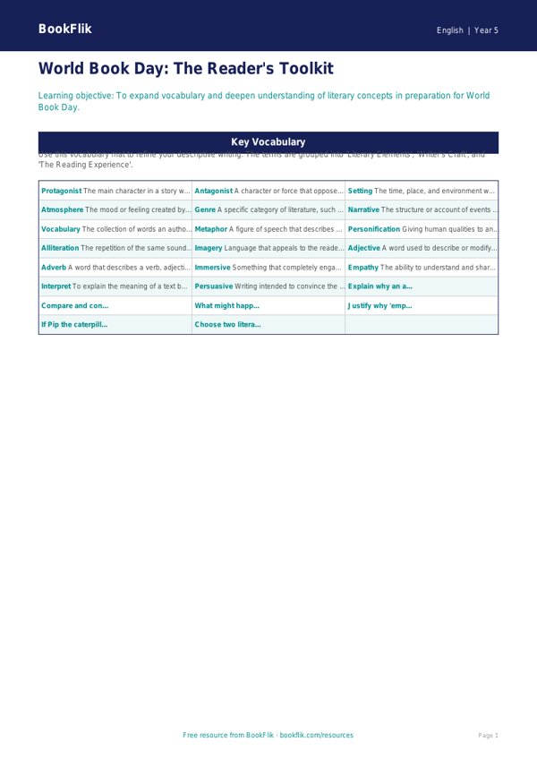 Free World Book Day Word Mat | Year 5 Greater Depth | BookFlik worksheet preview — English World Book Day