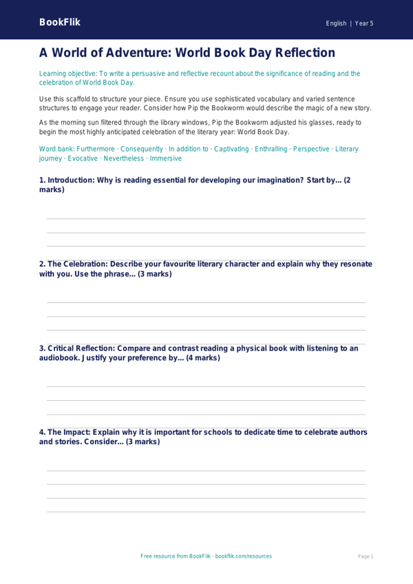 Free World Book Day Writing Frame | Year 5 Greater Depth | BookFlik worksheet preview — English World Book Day