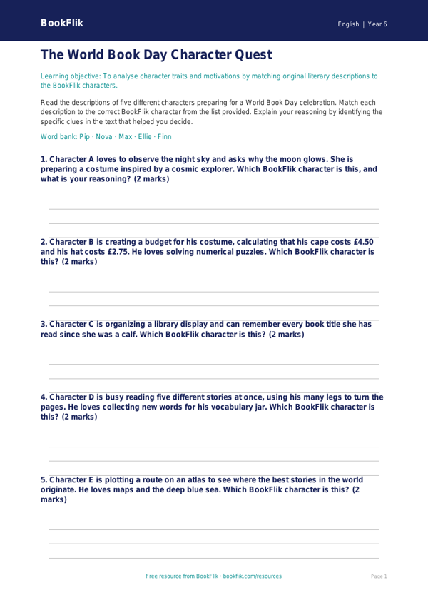 Free World Book Day Activity Sheet | Year 6 Core | BookFlik worksheet preview — English World Book Day