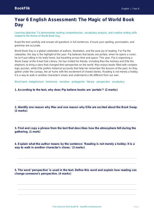 Free World Book Day Assessment | Year 6 Core | BookFlik worksheet preview — English World Book Day