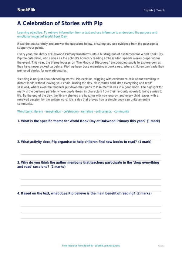 Free World Book Day Comprehension | Year 6 Core | BookFlik worksheet preview — English World Book Day
