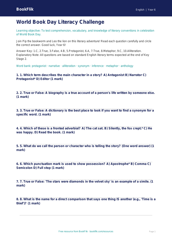 Free World Book Day Quiz | Year 6 Core | BookFlik worksheet preview — English World Book Day