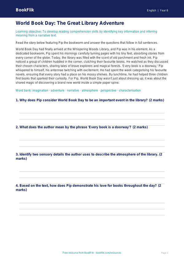 Free World Book Day Track Sheet | Year 6 Core | BookFlik worksheet preview — English World Book Day