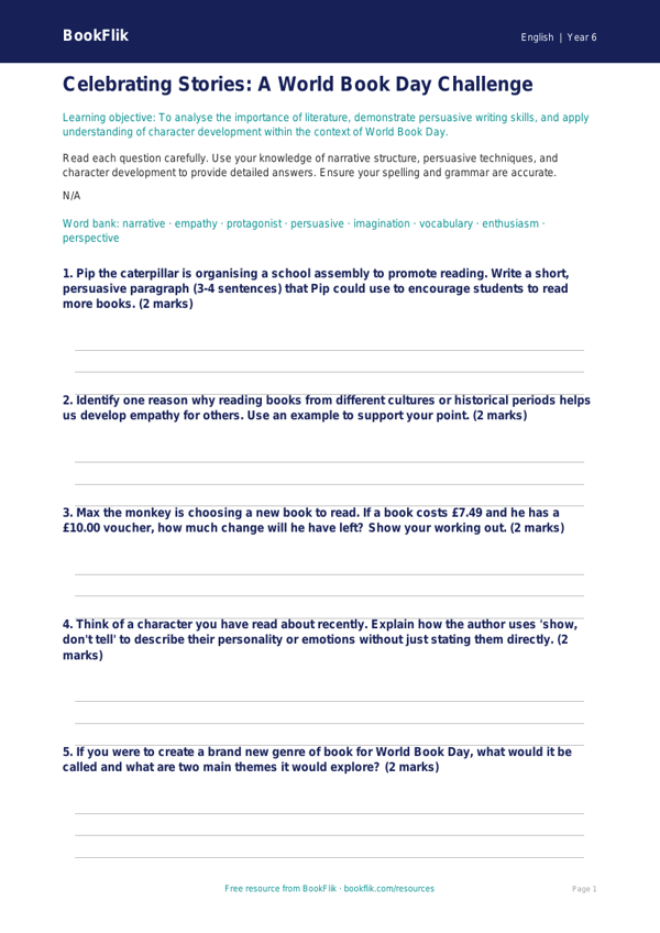 Free World Book Day Worksheet | Year 6 Core | BookFlik worksheet preview — English World Book Day